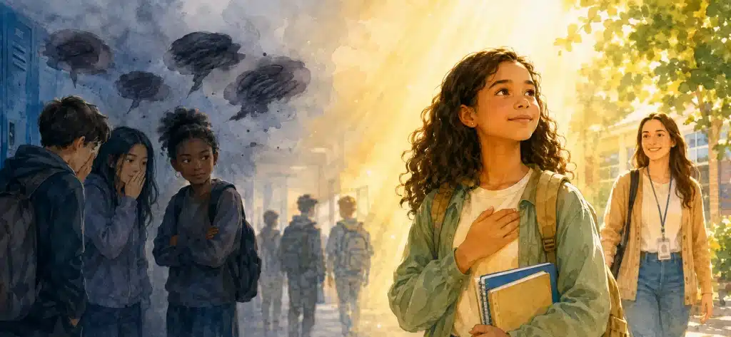 A bullied student protecting her self-worth and walking toward a trusted teacher for help