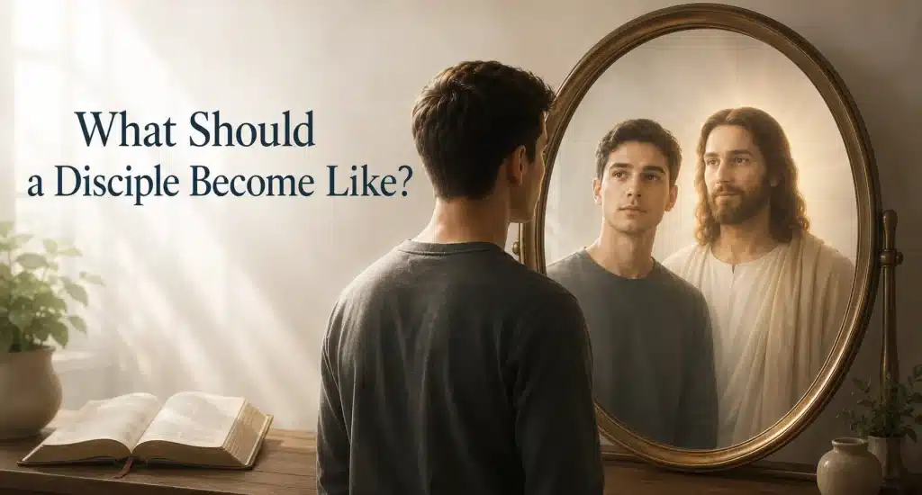 A disciple looking at his reflection beside Jesus, symbolizing becoming more like Christ.