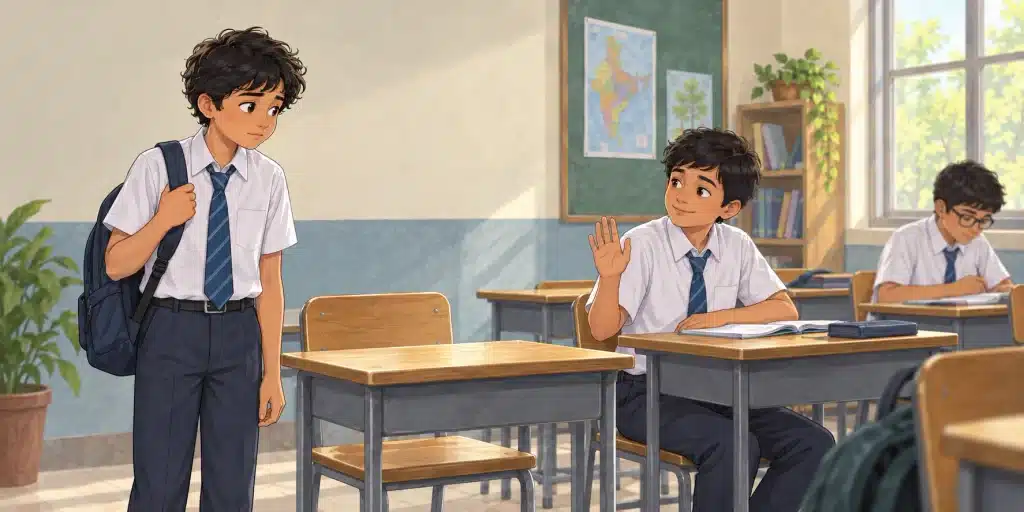 A shy Indian student being welcomed by a new classmate