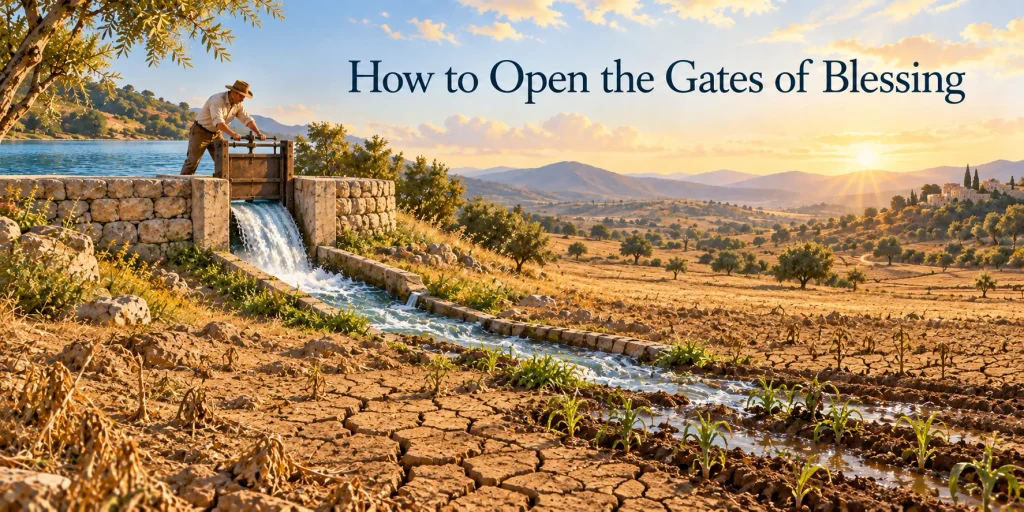 A caretaker opens a reservoir gate, directing water downhill into dry, cracked fields where young plants begin to receive water.