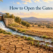 A caretaker opens a reservoir gate, directing water downhill into dry, cracked fields where young plants begin to receive water.