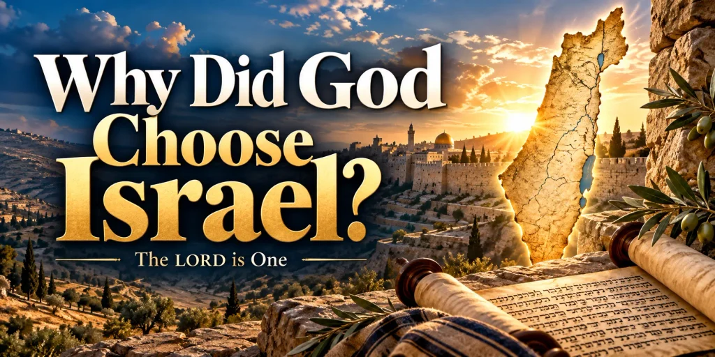 Why Did God Choose Israel? Biblical map of Israel with Jerusalem and the words The LORD is One