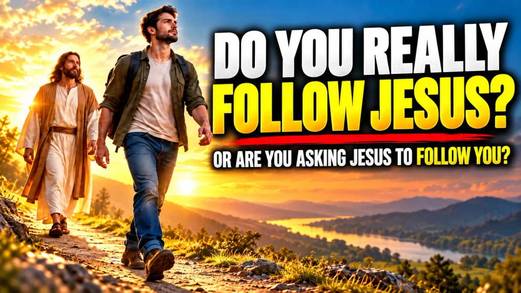 A man walking ahead while Jesus follows behind, illustrating the question: Do you really follow Jesus?