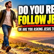 A man walking ahead while Jesus follows behind, illustrating the question: Do you really follow Jesus?