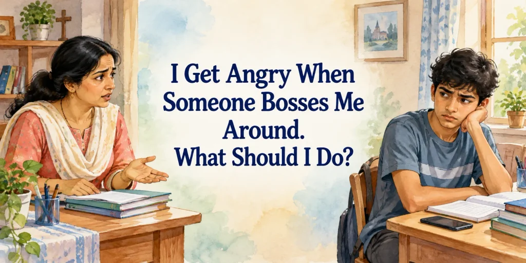 A frustrated teenage boy listening to his mother in a watercolor illustration about responding calmly when someone bosses him around