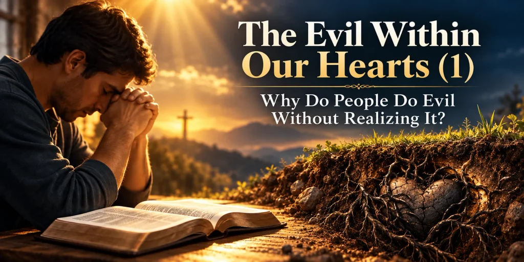 A man praying beside an open Bible with a dark heart buried beneath the soil, symbolizing hidden evil and self-righteousness.