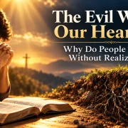 A man praying beside an open Bible with a dark heart buried beneath the soil, symbolizing hidden evil and self-righteousness.