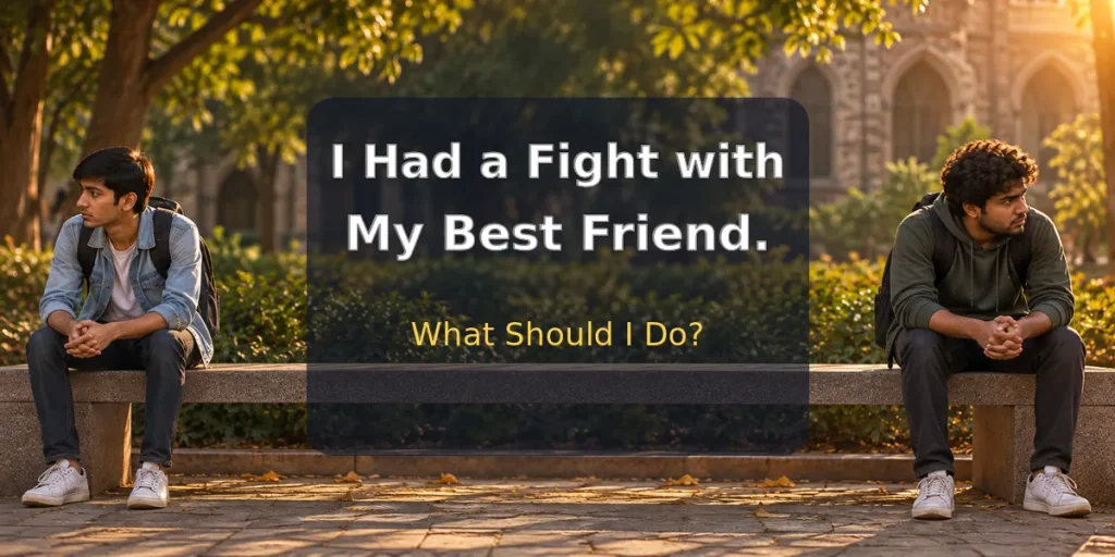 Two friends sitting far apart after a fight, with the question “I Had a Fight with My Best Friend. What Should I Do?”