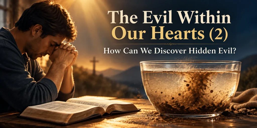 A man praying beside an open Bible and a bowl of muddy water, illustrating how God reveals hidden evil in our hearts through trials.