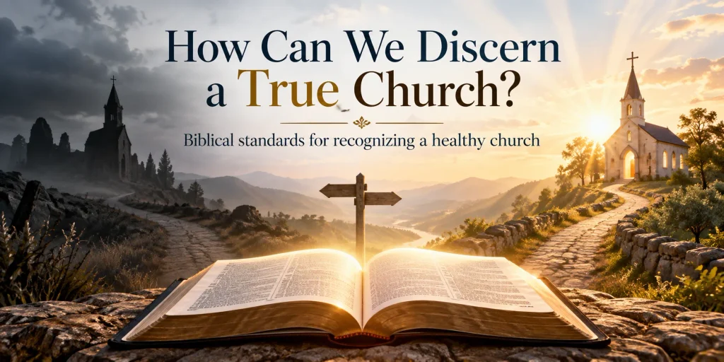 Open Bible and church illustrating biblical standards for discerning a true church