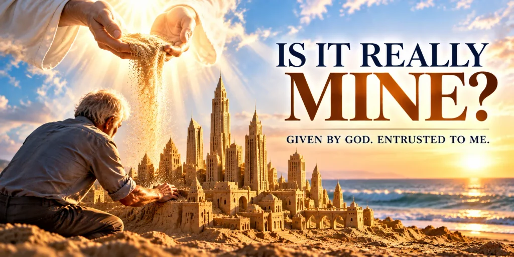 An elderly man building a modern city from sand, illustrating Christian stewardship and the question, Is it really mine?