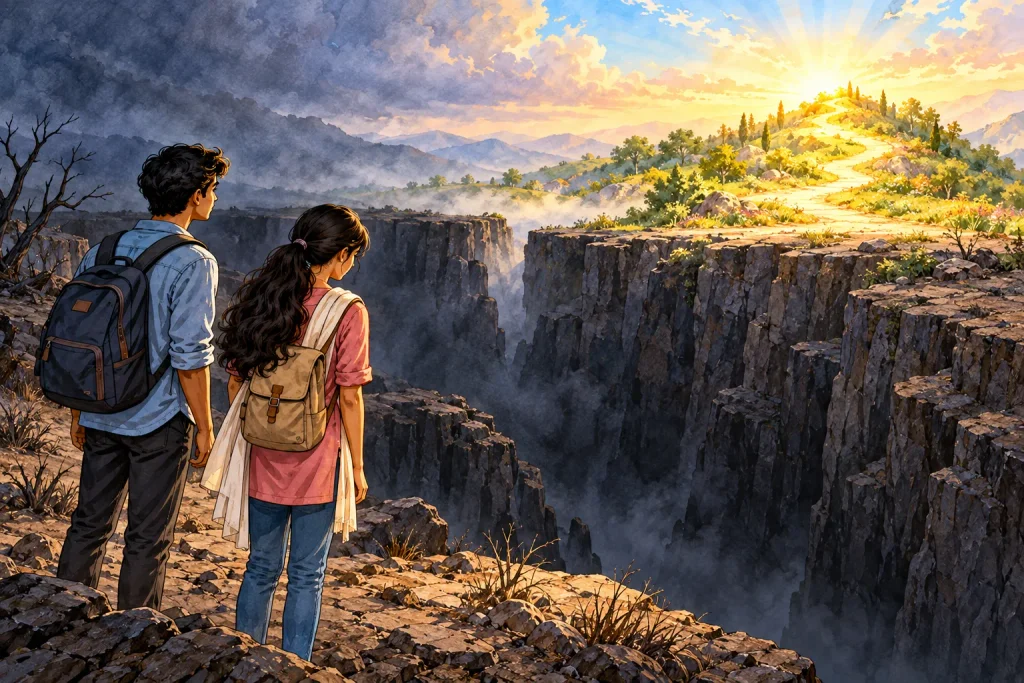 Two teenagers separated from the light by a deep chasm representing sin and death