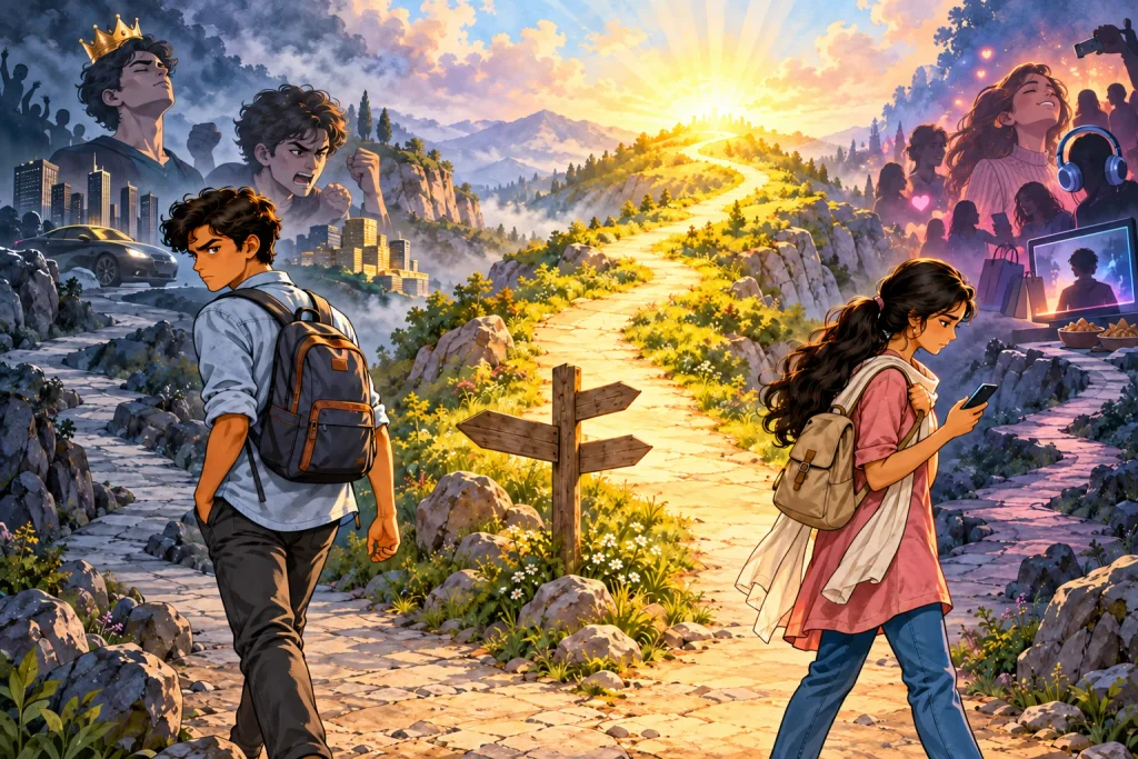 Two teenagers choosing paths that represent sin and turning away from God