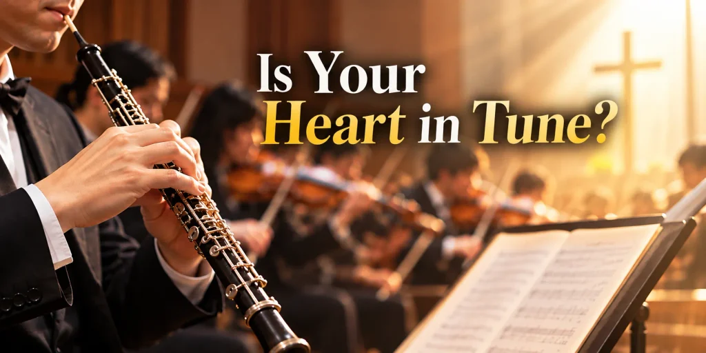 An oboe player performing with an orchestra, illustrating how we should align our hearts with God's Word.