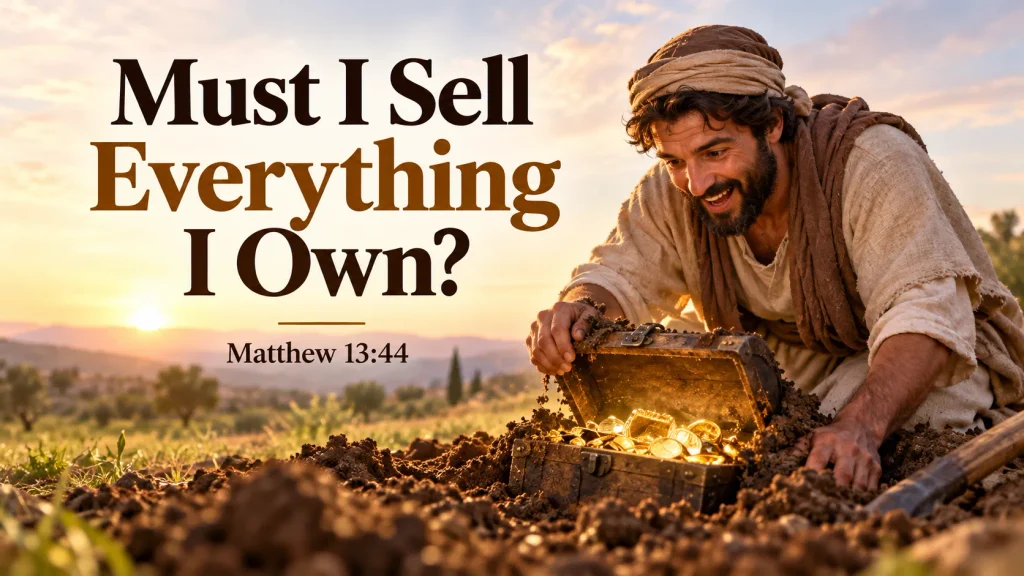 A man discovers hidden treasure in a field, illustrating Matthew 13:44 and the value of the kingdom of heaven.