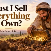 A man discovers hidden treasure in a field, illustrating Matthew 13:44 and the value of the kingdom of heaven.