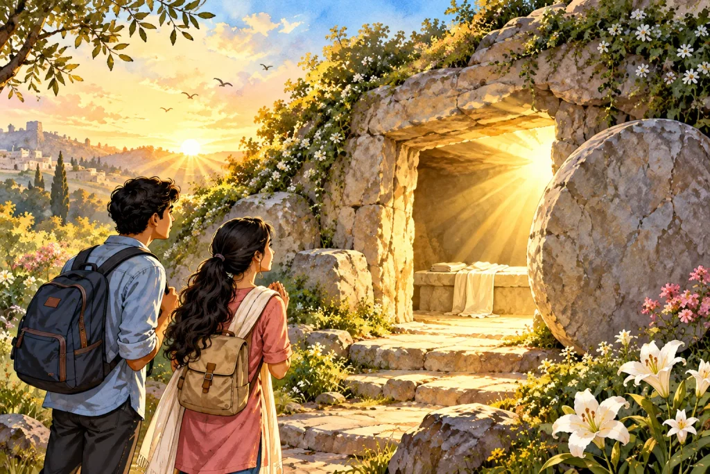 An empty tomb at sunrise representing the resurrection of Jesus and victory over death