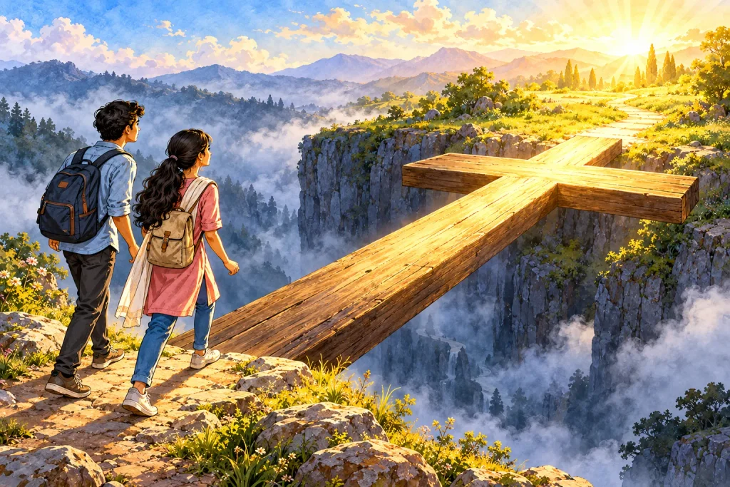 Two teenagers walking by faith on the path of salvation through Jesus Christ