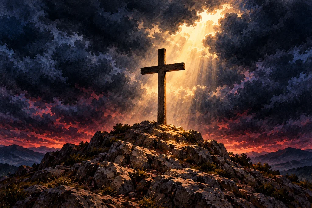 A solitary cross on a dark hill representing Jesus taking the punishment for our sins
